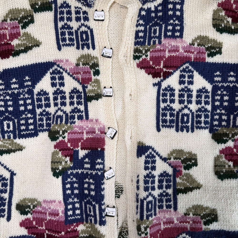 South Wool Cottage AOP Wool Knit Cardigan House Floral Small Cream Blue Pink 80s - Picture 3 of 7